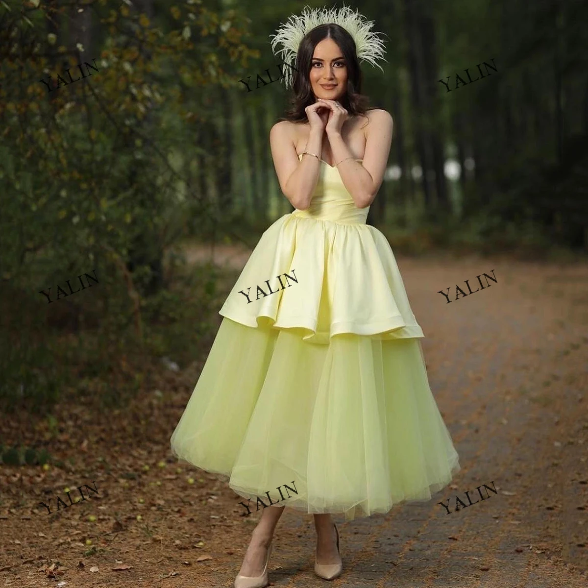 YALIN Lemon Yellow A-Line Reunion Classmates Dresses Strapless Puffy Tulle Prom  Simple Tea-Length Special Occasion Gowns