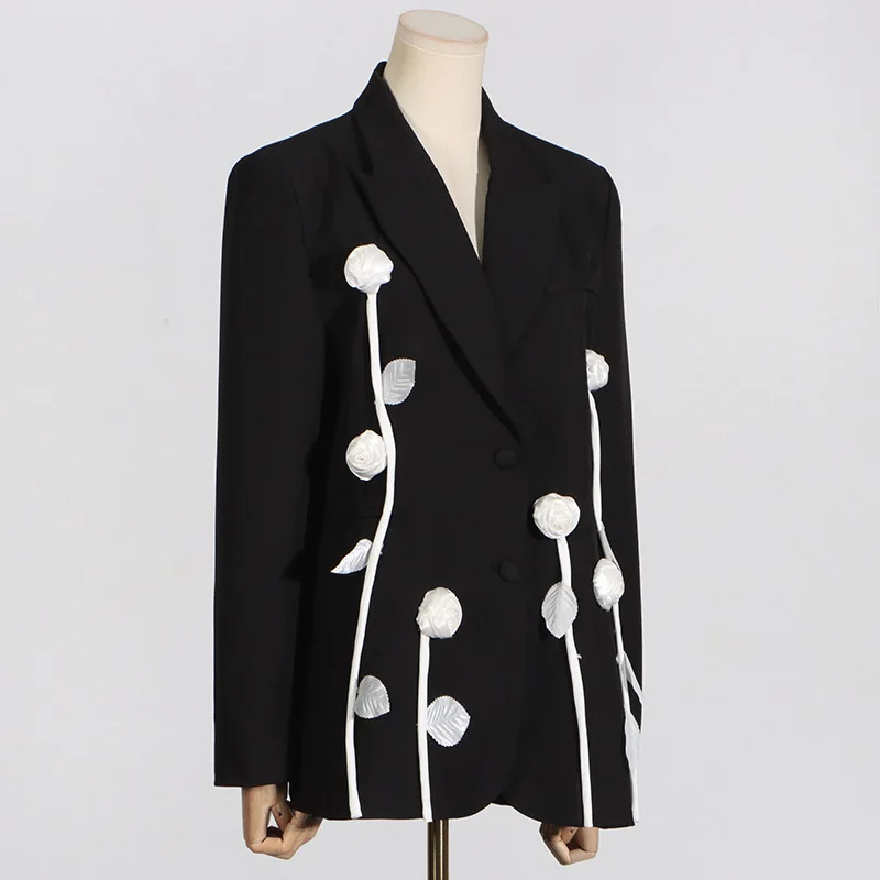 HKSH Women Trend Blazer Color Block Three-dimensional Flower Single Breasted Slim Fit Elegant High-end Jacket New Spring HK19922