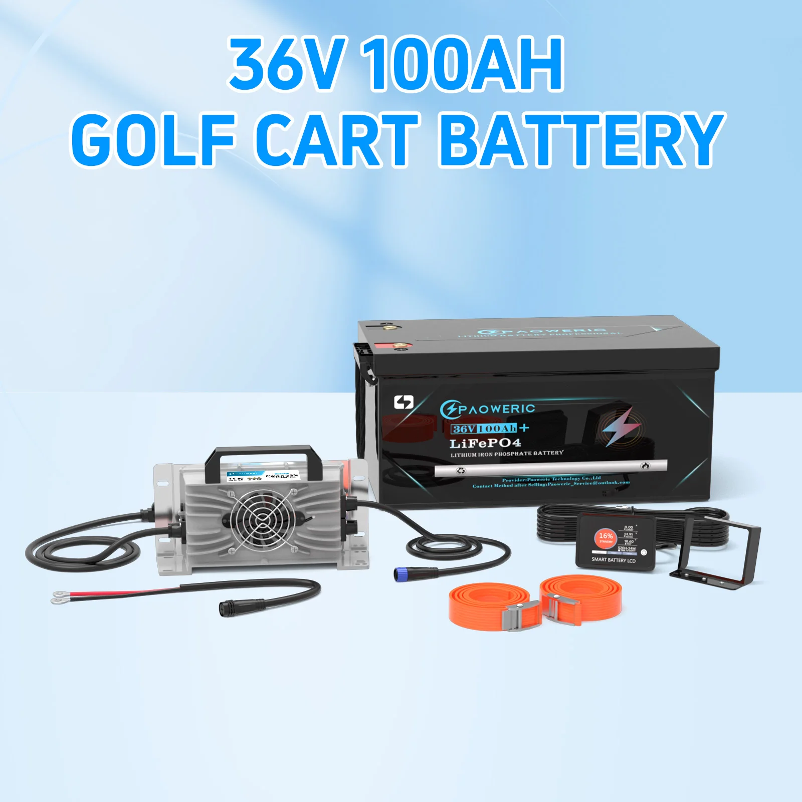 PAOWERIC 36V 100Ah Bluetooth LiFePO4 Lithium Iron Phosphate Battery Built-in BMS Smart APP Monitoring Deep Cycle Battery For Golf Cart RV Off-Grid Solar Energy Storage