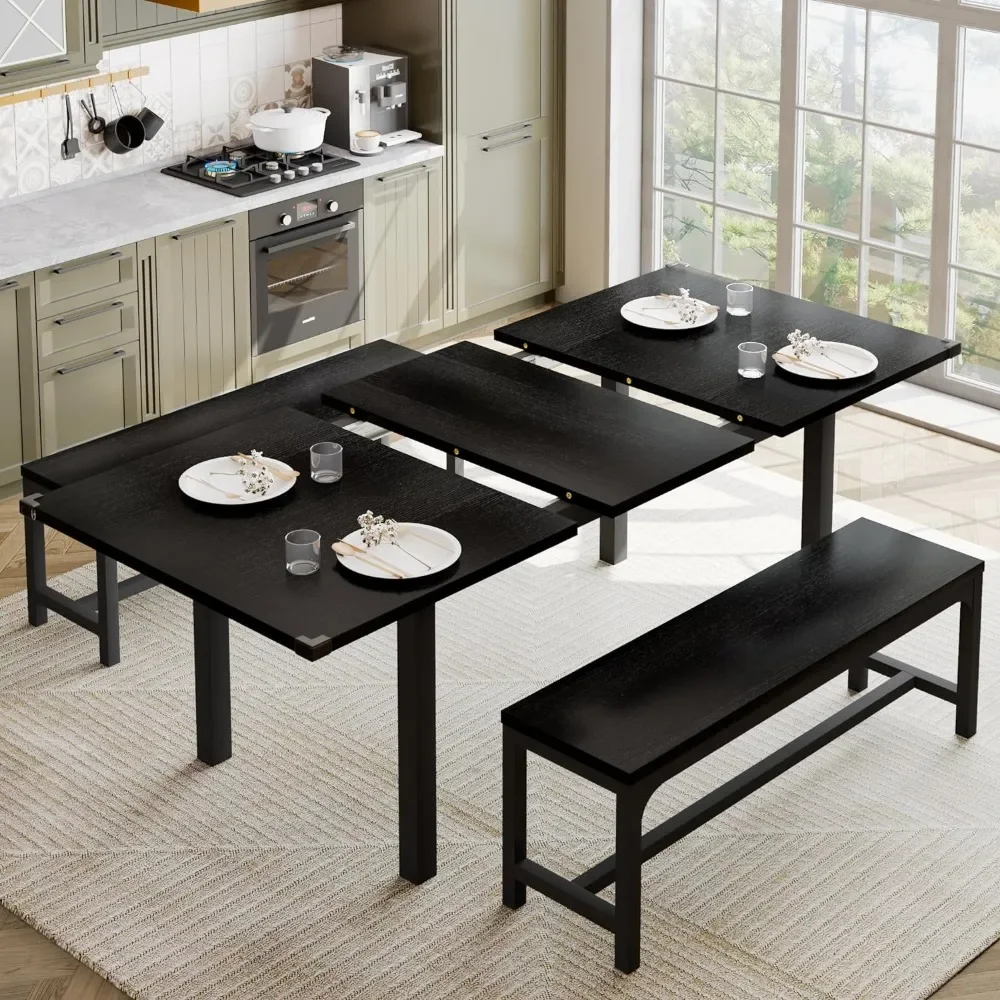 

63" Dining Table Set for 4-6, Extendable Dining Room Table with 2 Benches, 3 Pcs Kitchen Desk for Small Space, Easy Clean