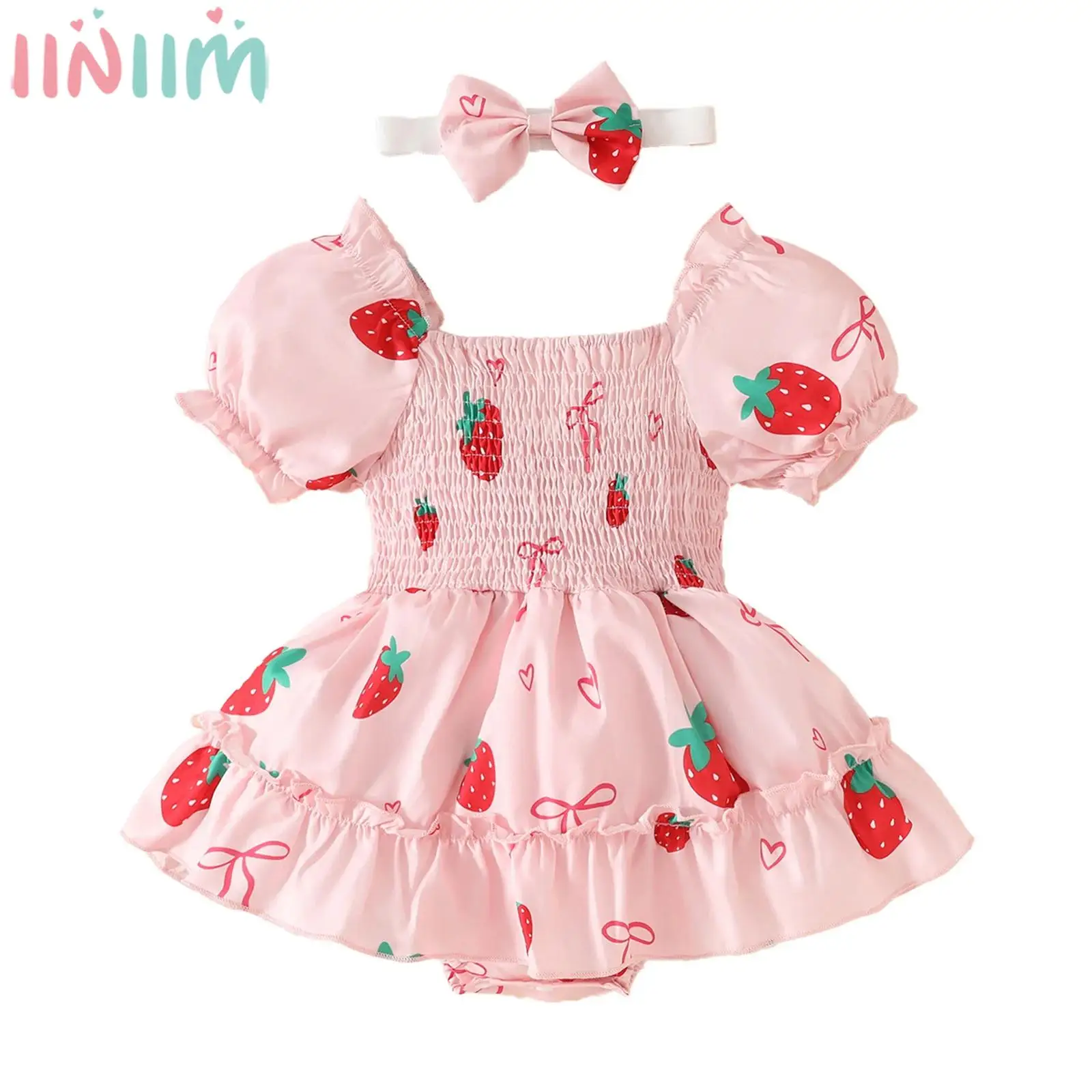 

Baby Girls Sweet Cute Print Outfit Short Sleeve Ruffled Tutu Romper Dress with Headband Summer Casual Costume for Daily Party