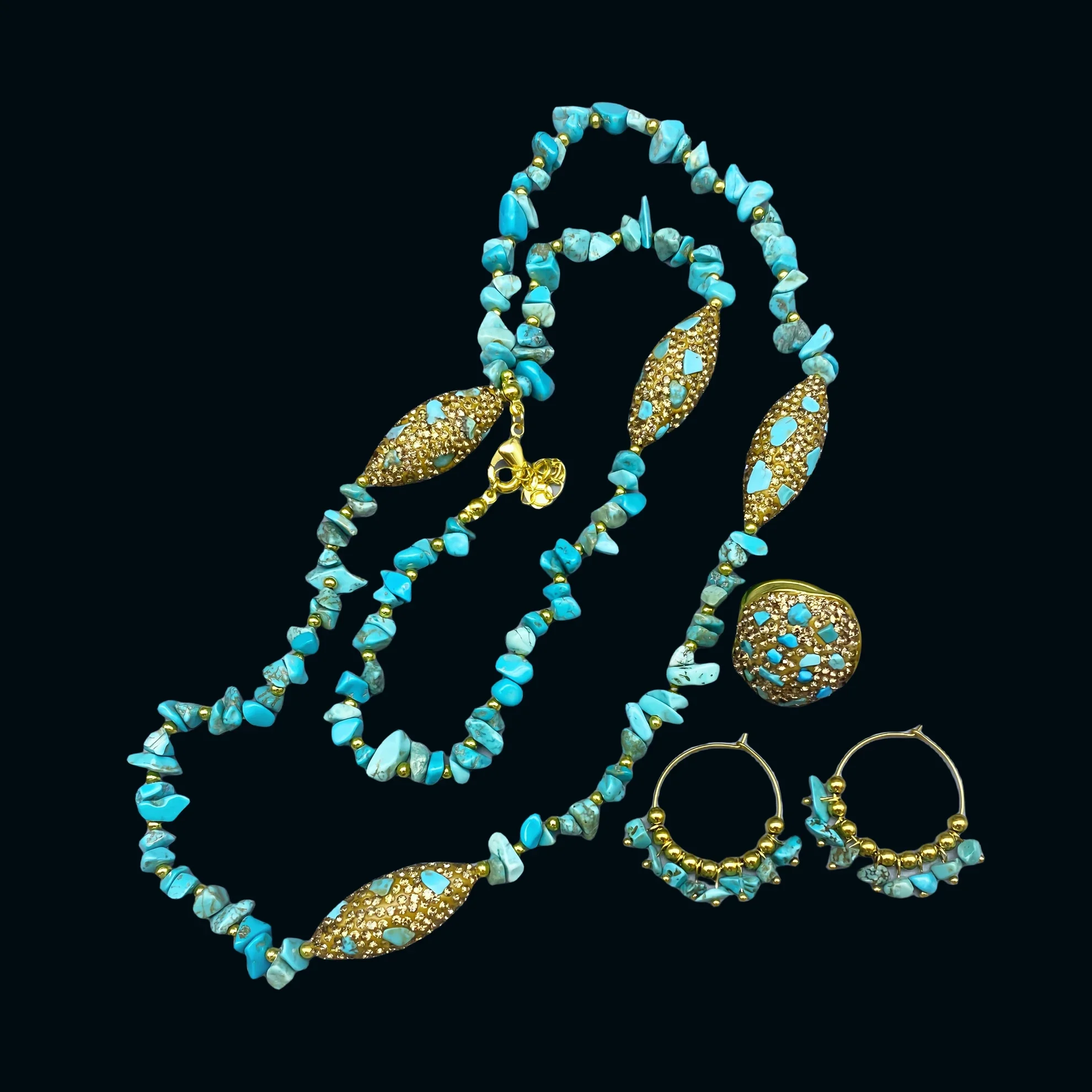 

Весенний комплект ювелирных изделий с бирюзовыми кристаллами, нерегулярное ожерелье из бисера, стальные серьги, инкрустированные стразами, наборы во французском стиле, оптовая продажа