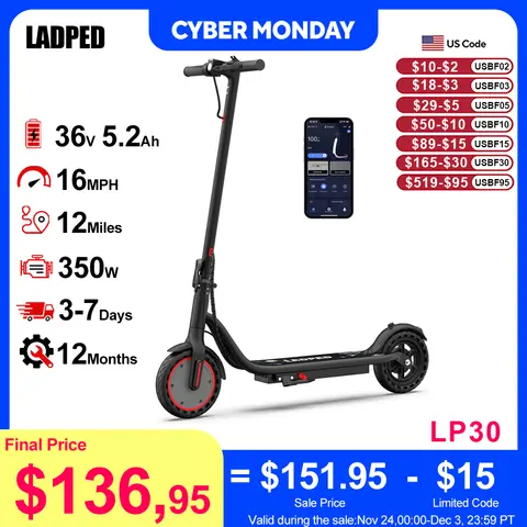 LADPED LP30 Scooter électrique 19 mph vitesse maximale pliable e-scooter 12 milles portée maximale cadeau de noël pour les enfants 10 +