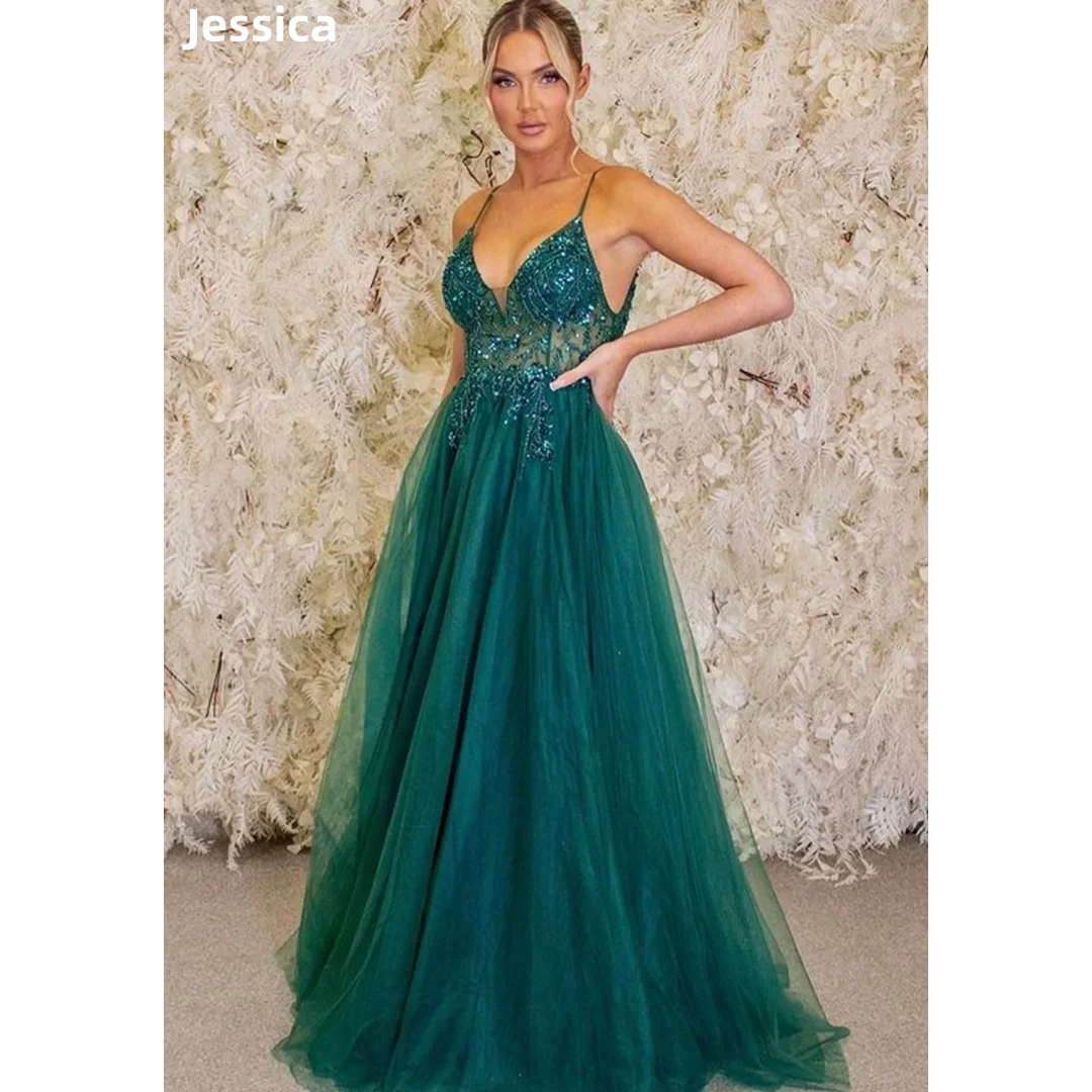 Jessica Green Wedding Dress Beaded Sequins V-neck Spaghetti Straps Prom Dresses Glitter Tulle Women's Bespoke Occasion Dresses