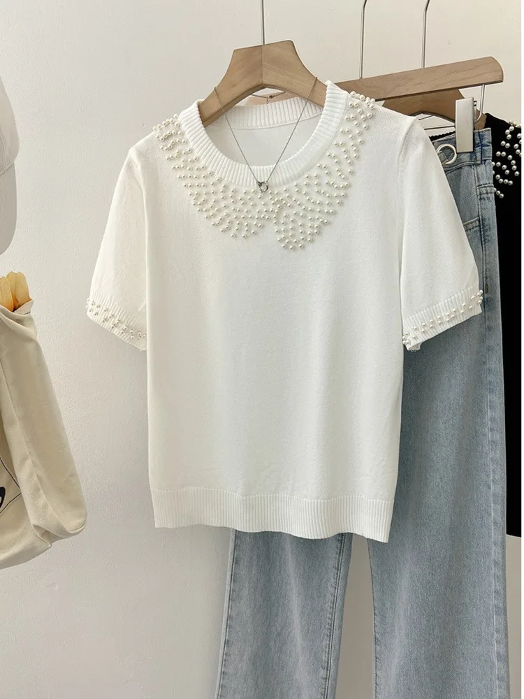 Chic Beaded Knit Sweater T-shirt Women Elegant Korean Fashion Solid Ladies Tees Tops Knitwear Summer Short Sleeve O-neck Jumper