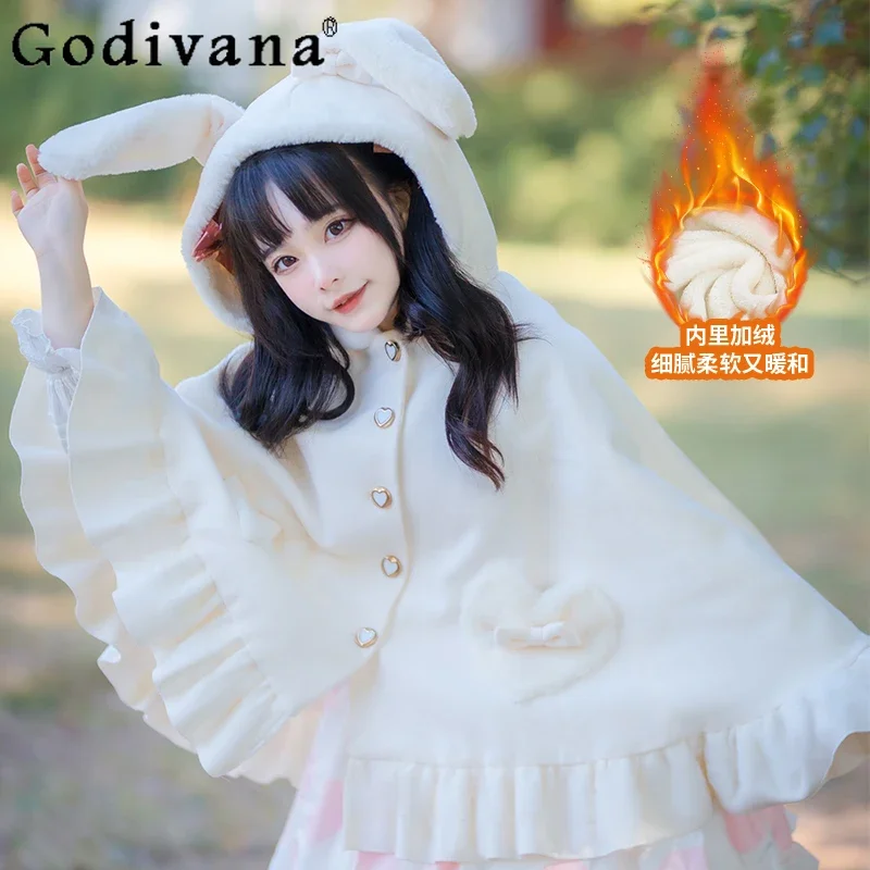 

Women's Lolita Capes Bow Love Button Fleece Thickened Rabbit Ears Hooded Cloak Sweet Warm White Original Ponchos Autumn Winter