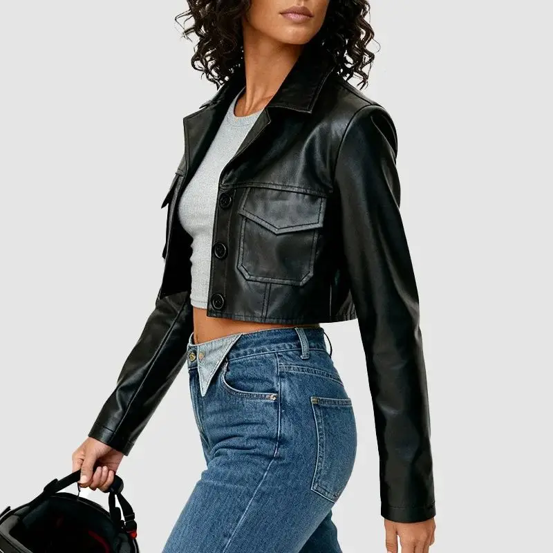 Women's Black Faux Leather Jacket Short Cropped Biker Style Motorcoat Lapel Sexy Punk Vestido Casual Winter Coat 2025 Chic New