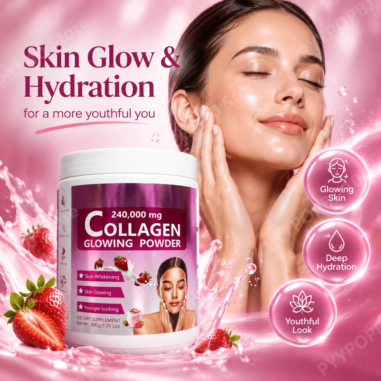 Collagen Powder for Skin Glow & Hydration, Youthful Skin, 240,000mg Marine Collagen, Glutathione, Biotin, Vitamin C, 300g