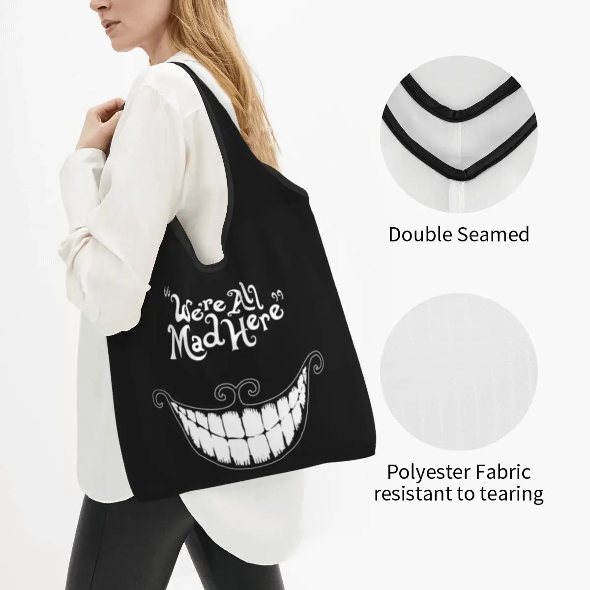 Custom We Are All Mad Here Groceries Shopping Bags Shopper Tote Shoulder Bag Large Capacity Portable Cheshire Cat Animal Handbag