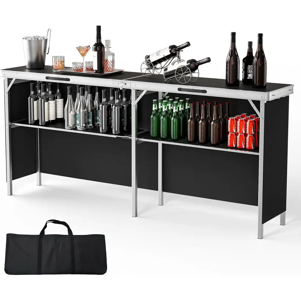 78 Folding Bar Table with 2-Tier Shelves for Portable Use at Parties, Outdoors, and Events