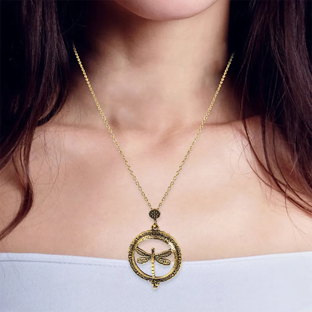 2Pcs Hollow Dragonfly Pendant Necklace Magnifying Glass Retro Style 5X Vintage Jewelry for Women Unique Fashion
