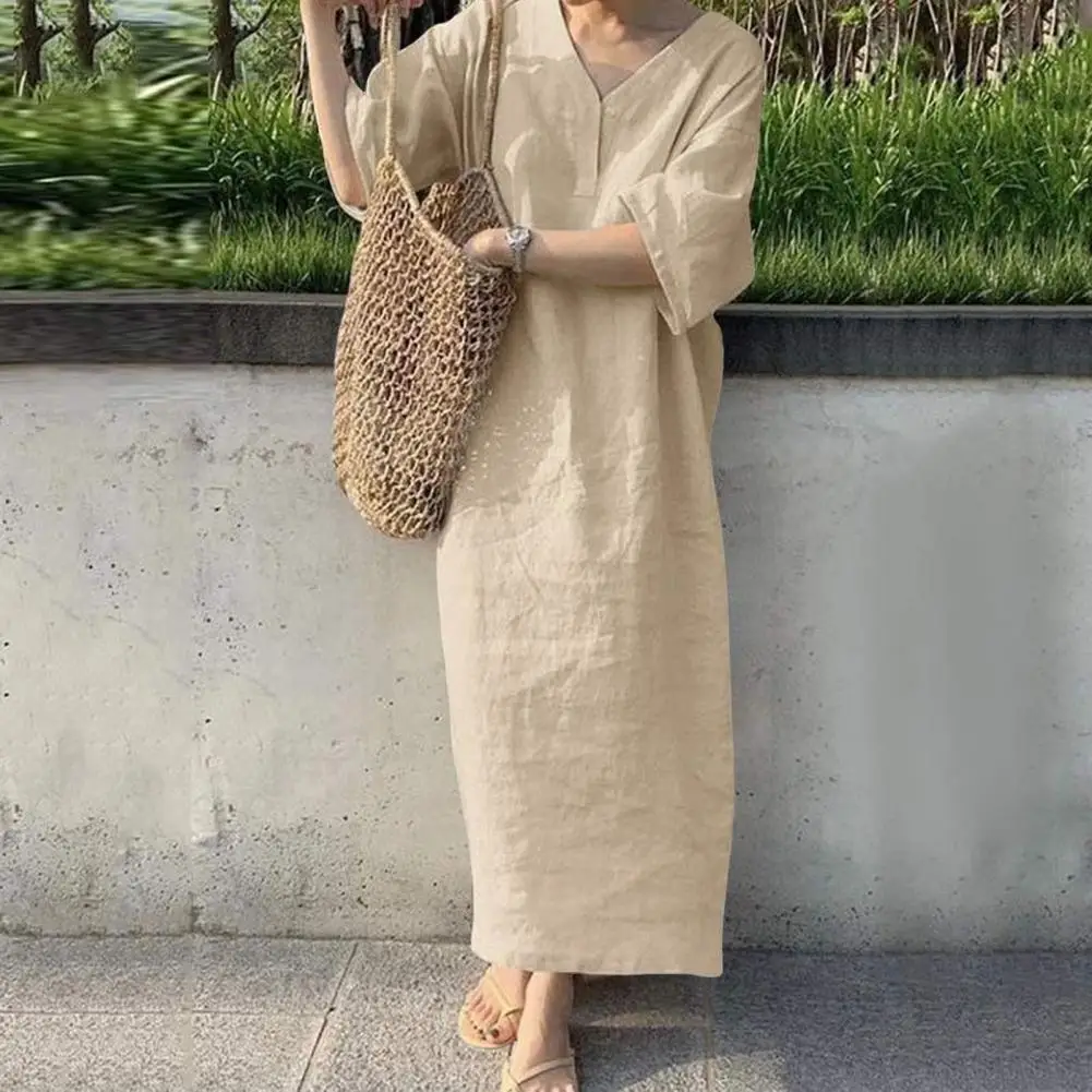 

Retro Cotton Linen Long Robe Dress Solid Color Casual V-neck Half Sleeve Maxi Dress Elegant Female Oversize Beach Party Dresses