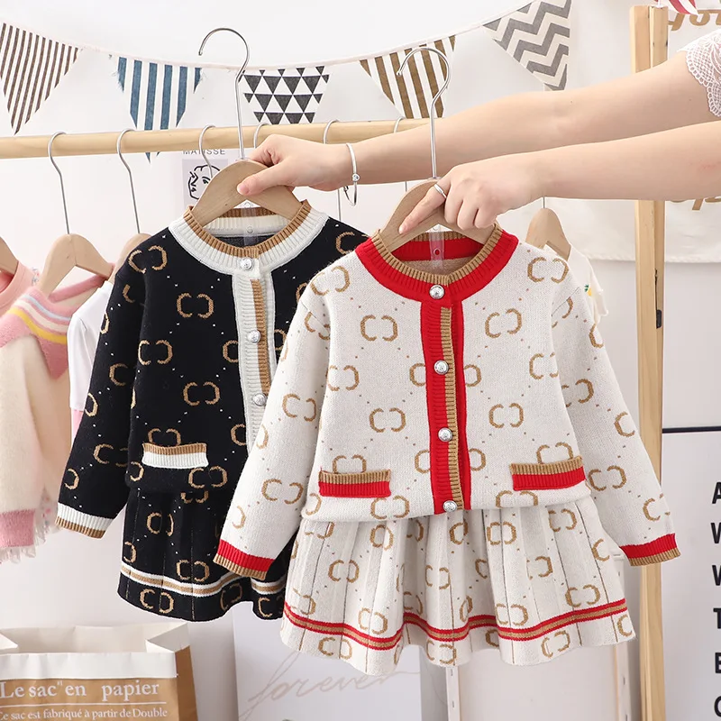 New Children\'s Sweater Set Girls Fashion Printing Cute Knitted Cardigan Skirt 2 Pieces Baby Clothes 1-7T Autumn and Winter