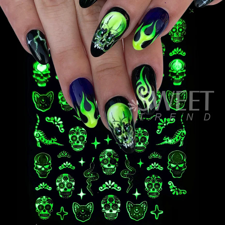 3D Luminous Nail Stickers Decals Black White Spider Web Skull Alien Planet Glow In The Dark Halloween Manicure Foils Tattoo Tips