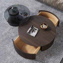 Nordic Living Room Coffee Table Smoky Tea Table Solid Wood Drawer Simple Luxury Household Creative Tempered Glass Round Table