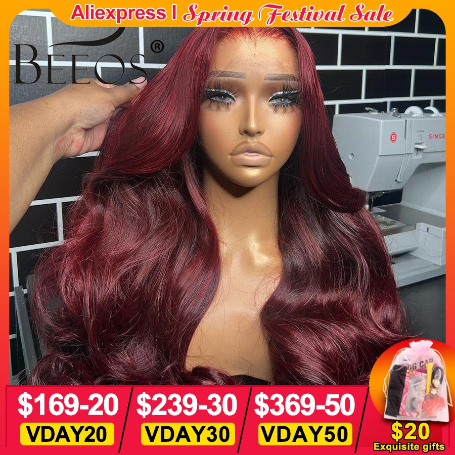 

250% Burgundy 13x6 HD Lace Front Wig Body Wave 99j Red Colored HD Transparent Lace Frontal Closure Human Hair Wig Pre Plucked