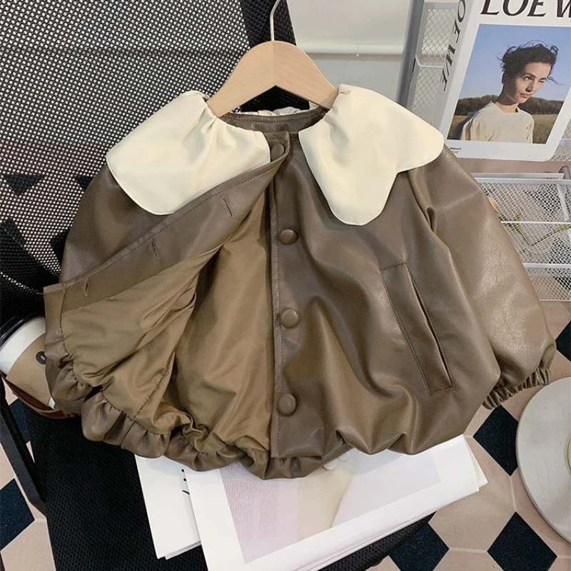 Kids Girls PU Leather Jackets 2024 New Arrival Children Peter Pan Collar Outwear Jacket Coats Autumn Winter Khaki Leather Coats