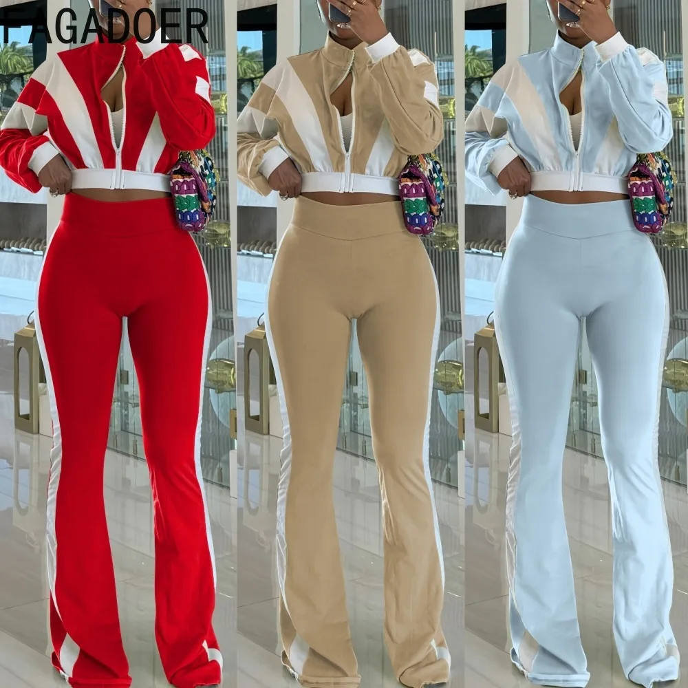 FAGADOER модный комплект из 2 предметов для женского наряда, укороченный топ с длинными рукавами и брюки в тон, женская уличная одежда, новинка осени