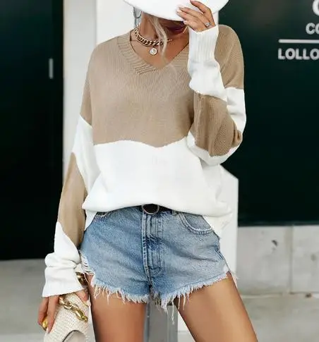 Women's V-Neck Autumn Contrast Knit Sweater - close-up view