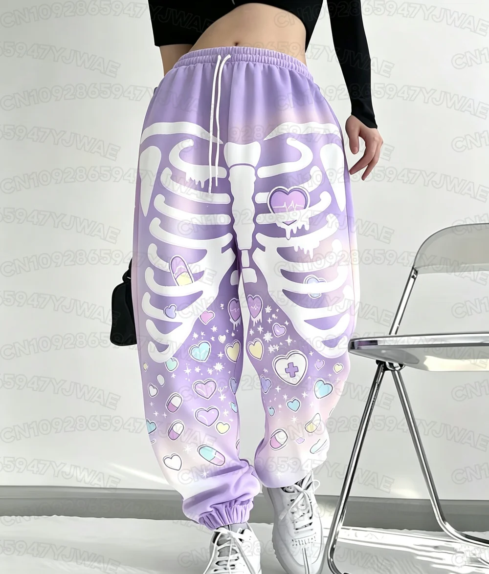 Spring and Autumn Women's Men's Skull Print Street Style Gothic Hip Hop Yami Kawaii Y2K Casual Long Jogger Pants