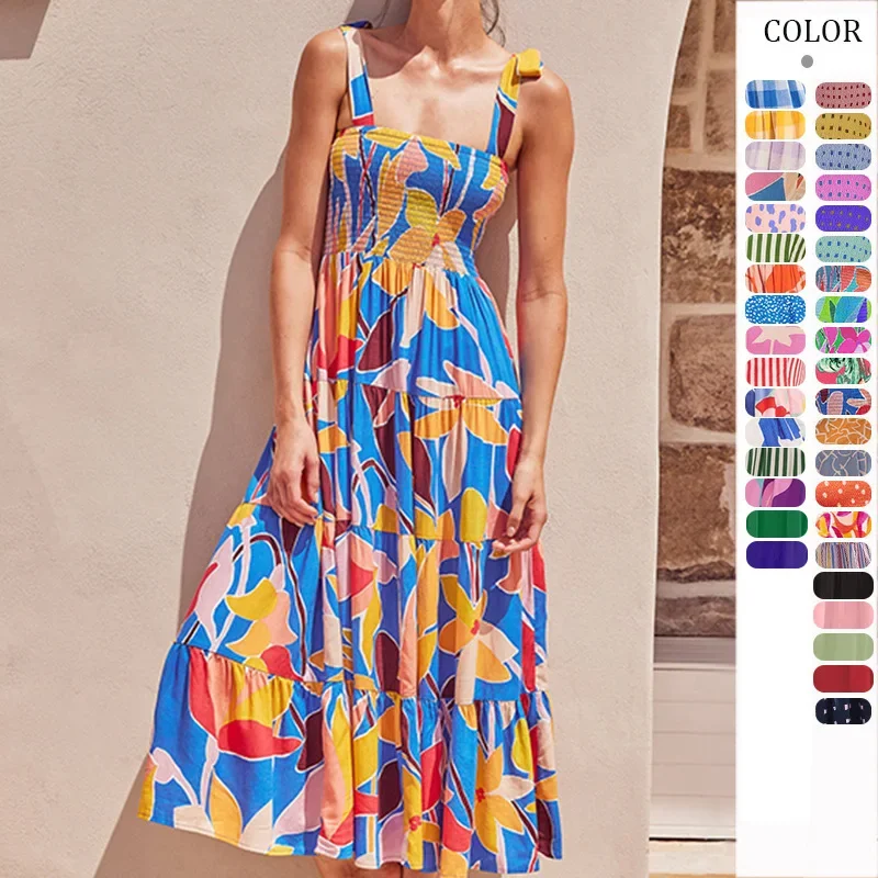 

2024 European and American summer women's clothing new commuter sleeveless Spice Girl printed long suspender dress women