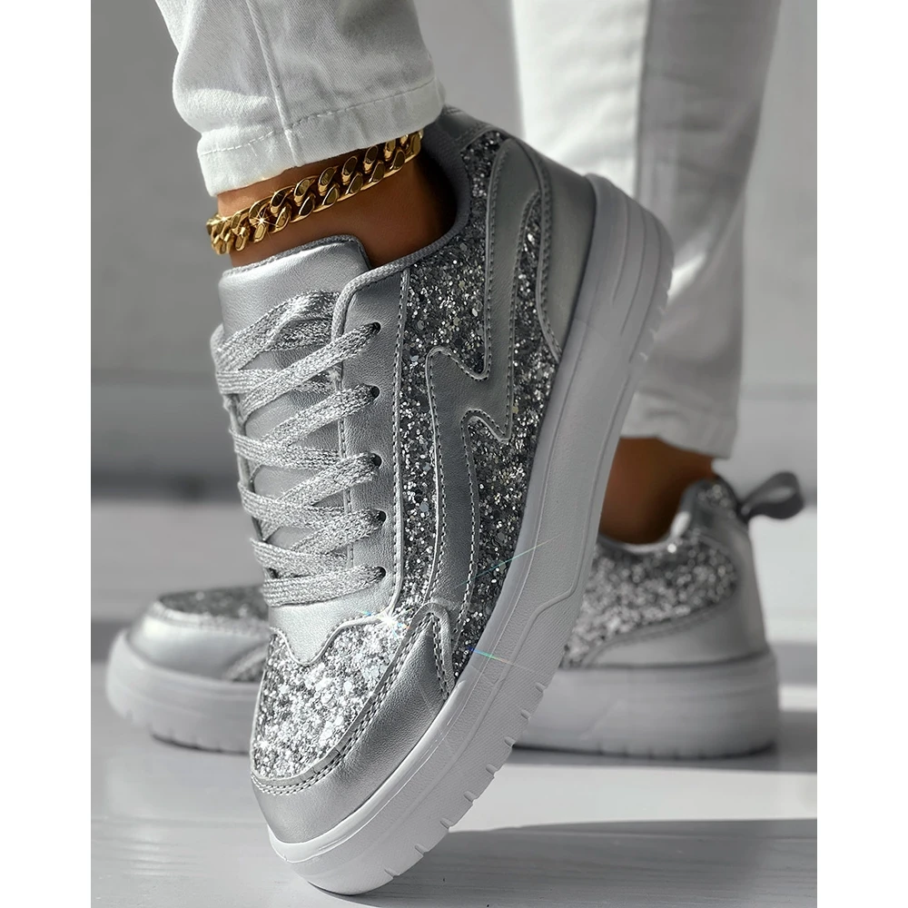 Women Bling Bling Sequins Decor Lace-up Flats Sneakers Daily Casual Round Toe Sports Shoes 2024 Spring Fashion Going Out Shoes