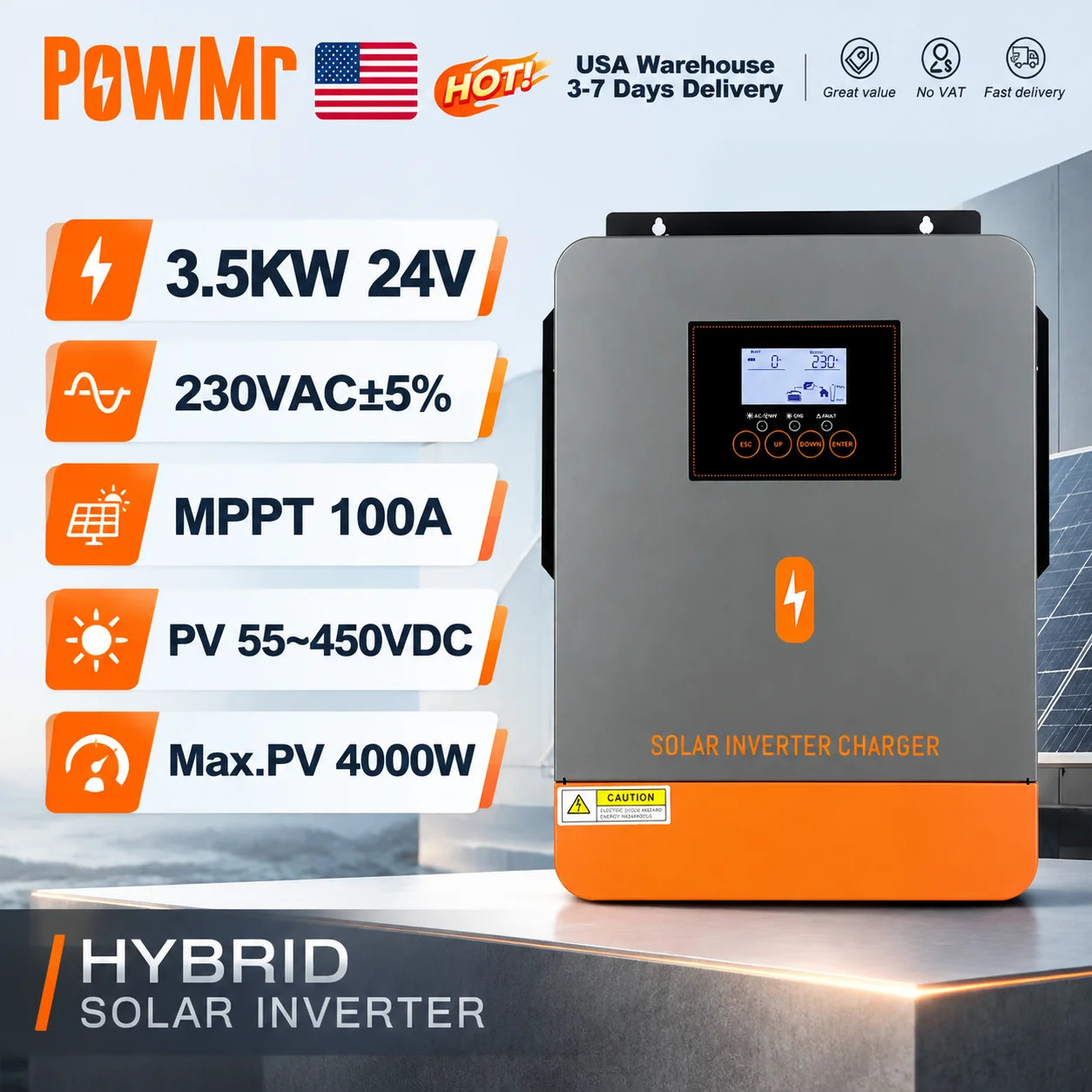 PowMr 3500W 24V Hybrid Solar Inverter With Speed-adjustable Fan Pure Sine Wave Built‑in MPPT 100A Solar Charge Controller PV 55‑430Vdc Max 4000W Support Lead‑Acid AGM GEL Lithium Battery UPS for Off‑Grid Home Emergency Solar Power System