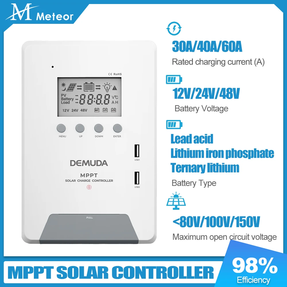 Meteor 30A 40A 60A MPPT Solar Charge Controller 12V 24V 48V Auto LCD Display Dual USB Port For Solar Multiple Battary Type