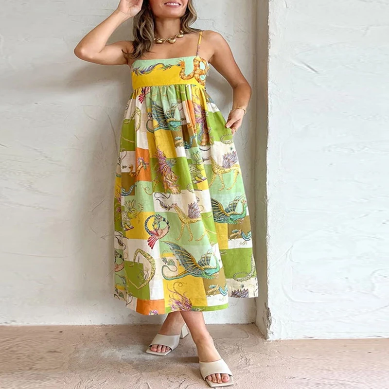 Women Long Summer Dress Print Sleeveless A-Line Flowy Party Dress Vacation Cocktail Dress Streetwear