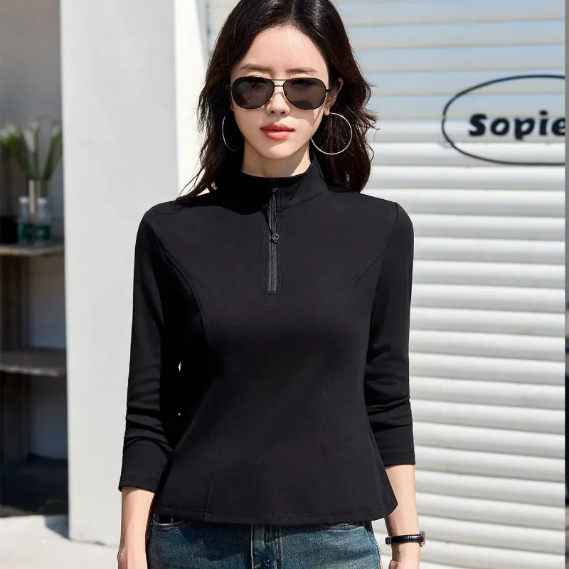 Womens Half Zip Stand Collar Long Sleeve T Shirt Spring Autumn Slim Fit Casual Basic Top S 4XL