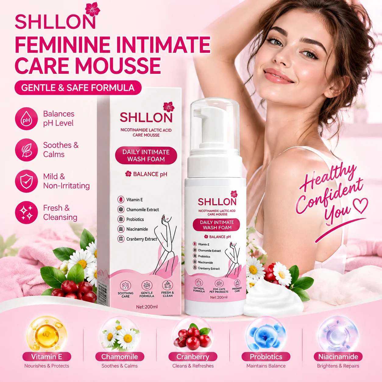 Intimate Wash Foam Mousse Ph Balance for Women Refreshing Skin Brightening Lactic Acid Niacinamide Private Parts Cleaning Wash