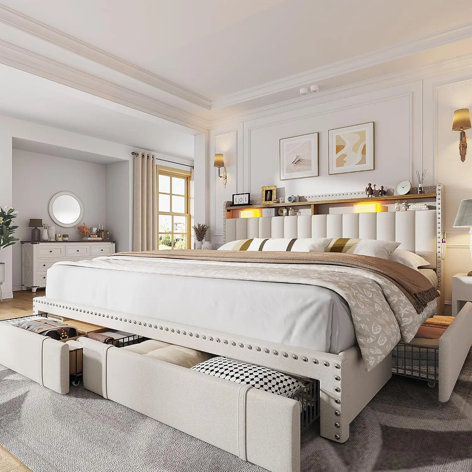 

Каркас кровати размера «king-size» с 4 ящиками для хранения вещей, мягким каркасом размера «king-size» и изголовьем с двухуровневыми полками, опорой с деревянными рейками