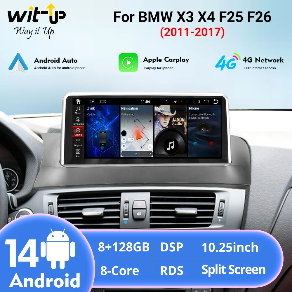 Wit-Up GPS Navigator For BMW X3 X4 F25 F26 Android 14.0 Touch Screen Radio Carplayer with CarPlay Bluetooth Carstereo