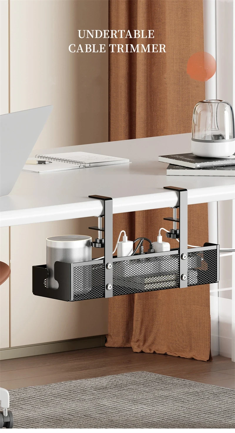 No-Drill Extendable Under Desk Cable Management Tray - Metal Clamp Design, Retractable Power Strip Holder, Cord Organizer