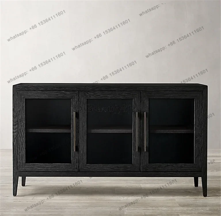 Customization American Country Glass Four-door Solid Wood TV Cabinet Living Room Audio-visual Decoration Cabinet