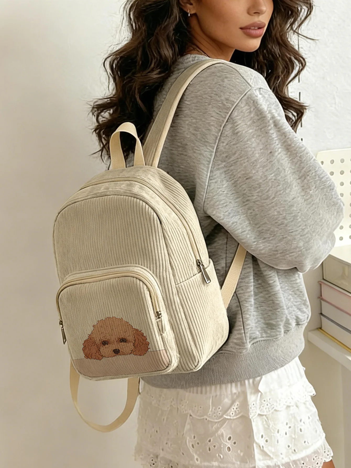 

Женский модный рюкзак с милым мультяшным принтом собаки-пуделя, вельветовая сумка с несколькими карманами, большая вместительная сумка для поездок на работу