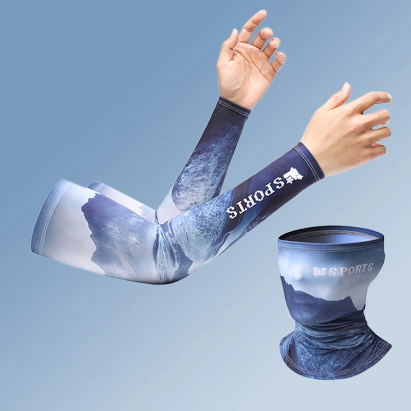 2Pcs Set Summer Ice Silk Cycling Arm Sleeves Breathable Bandana Mask Combination Suit Elastic Cold UV Sun Protection