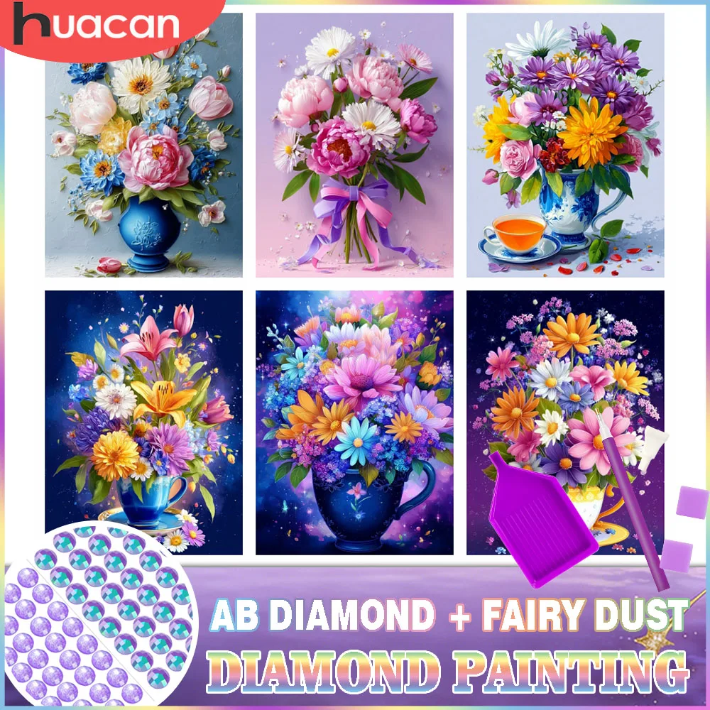 HUACAN Rose Diamond Mosaik-Diamantmalerei-Set für den Keller, Pfingstrosenblüte AB, Feenstaub-Drill, rund, floral, dekorativ