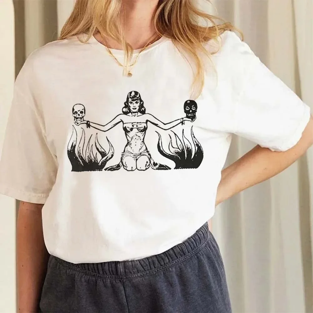 

Women's Street Skull Lady Retro Vintage Printed T-Shirt Clothing Pattern Summer T-Shirt Cartoon Fun Women's Casual T-Shirt.