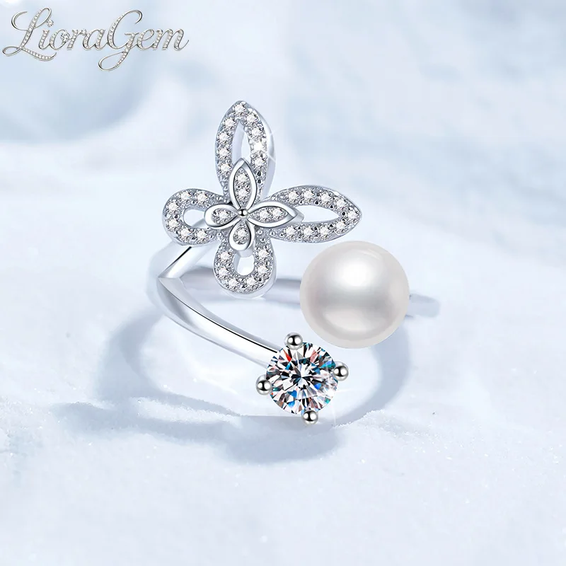 LioraGem Natural Freshwater Pearl 0.5-carat Moissanite Ring for Women, Butterfly Luxury Adjustable Ring Platinum PT950 Stamp