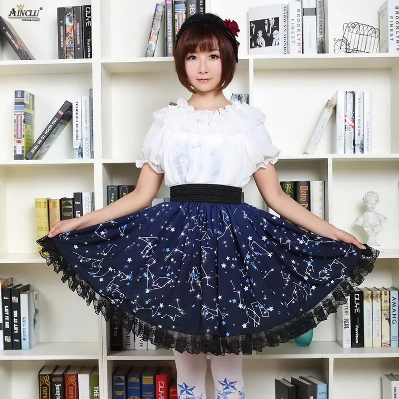 Japanese Style Soft Girls Sweet Blue Polyester Lace Gothic Night Constellation Printed Lolita Cosplay Pleated Skirts XS-XXL