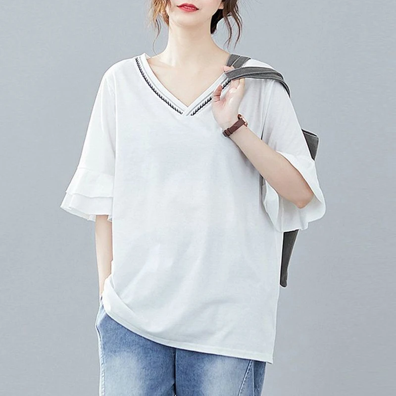 Embroidery V Neck Short Sleeve Black White Oversized Streetwear Tee T Shirts Femmes Summer Casual Tunic Tops for Women Clothing