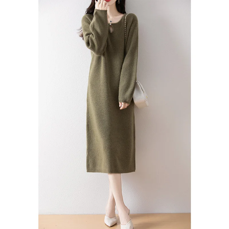 Autumn and winter new women's long dress 100% wool knitted O collar women's dress fashion hot selling women's dress