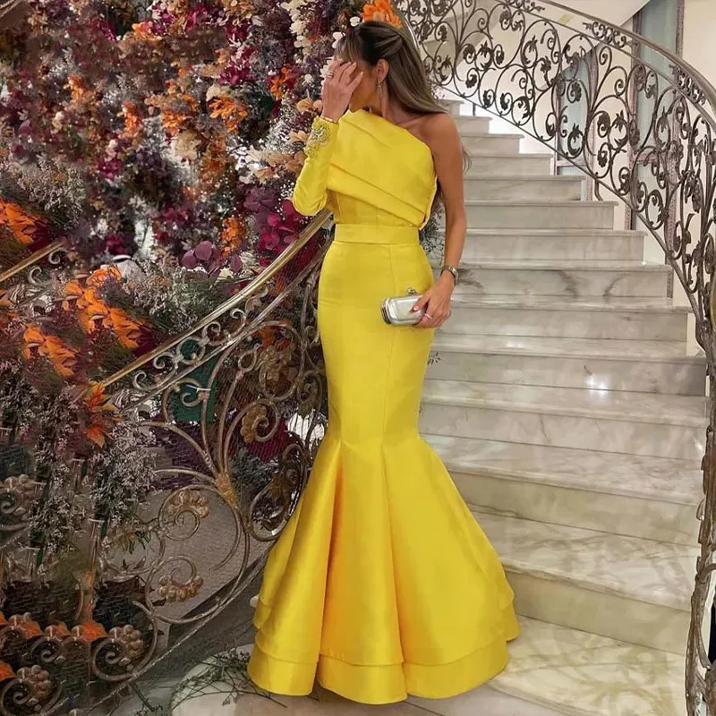 Glitter Yellow One Shoulder Beads Sequined Formal Long Prom Dress   Dubai Arabic Robe De Soiree Party Evening Gown