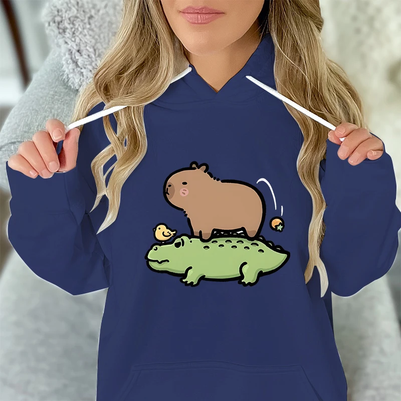 Cute Capybara and Crocodile Graphic Hoodie Women Capybara Sweatshirts Kawaii Cartoon Fashion Hoodies Cartoon Animal Hooded Shirt