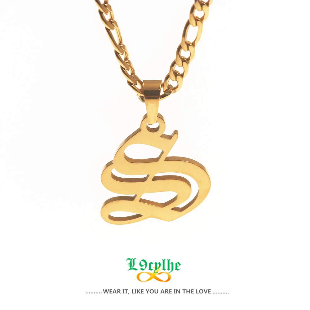 Initial Letter Pendant Necklace Hip Hop Jewelry Figaro Chain A-Z Alphabet Old English Necklaces Women Men Stainless Steel Collar