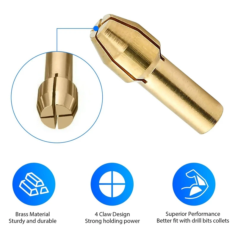 A23T 8Pcs Brass Collet Set with Keyless Drill Chuck, 0.8-3.2mm 4 Claw Collets for Rotary Tools, Replacement 4485 for Nut