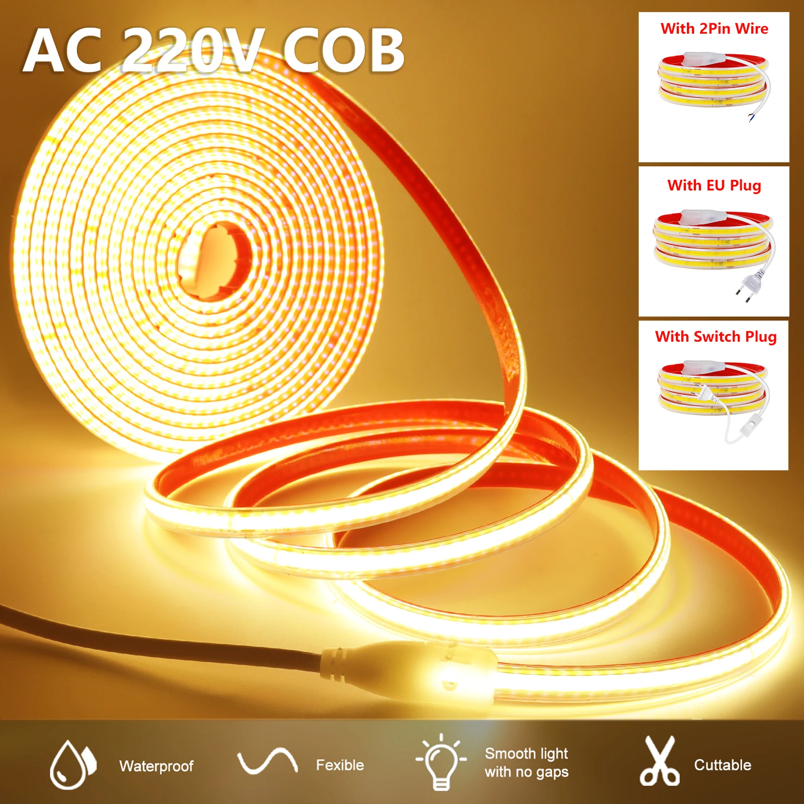220V COB LED Strip Waterproof 0.5m 5m 10m 20m 40m Adhesive LED Strip with IC High Bright 240LEDs/m Flexible Tape Linear Lighting