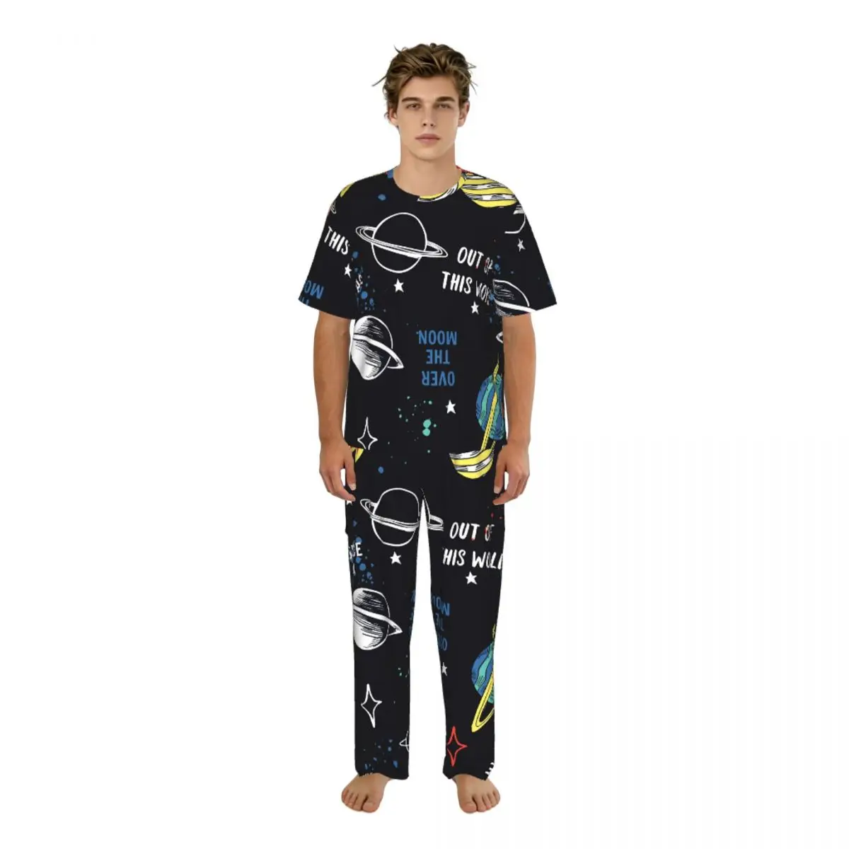 Sleepwear Summer Spring Home Clothes Space Planets Rockets Short Sleeve Long Pant Nightwear