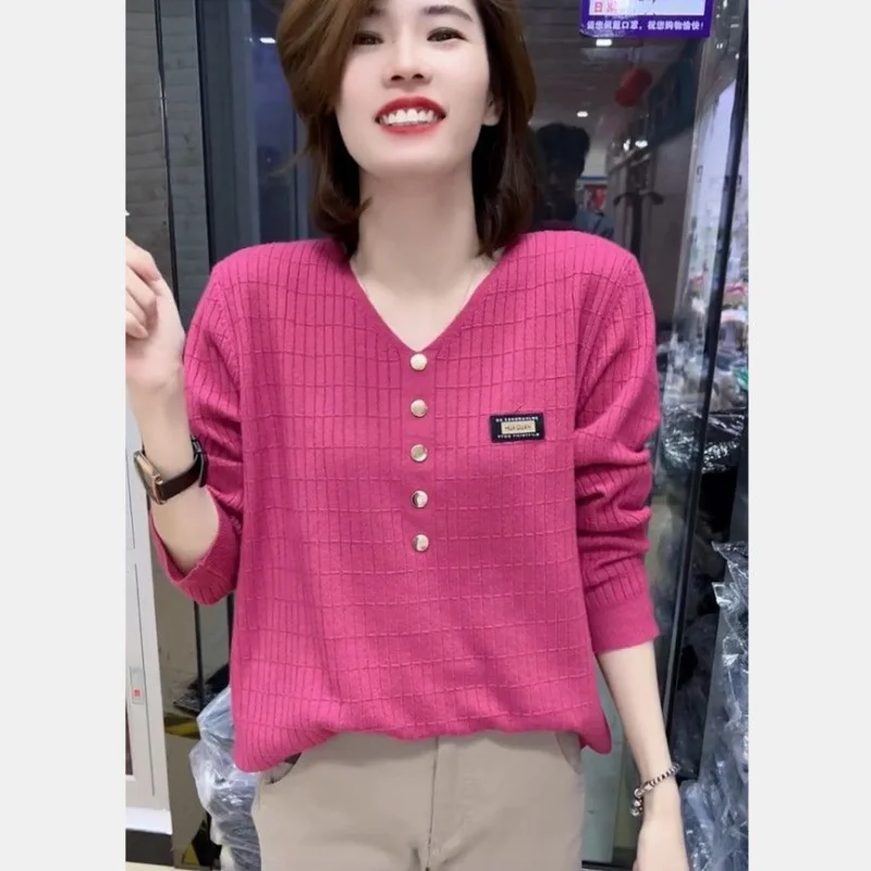 

Fashion Loose V Neck Knitted Sweater Women Long Sleeve T Shirt Early Autumn Inner Wear